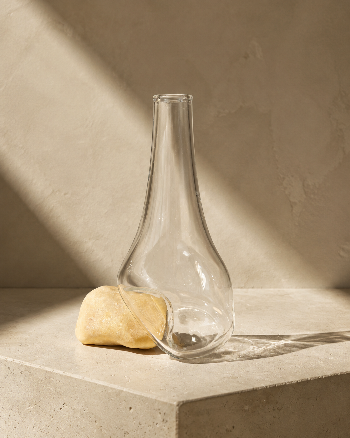 Stoneveil No. 005 one-of-one clear glass and ivory-honey stone vase displayed empty
