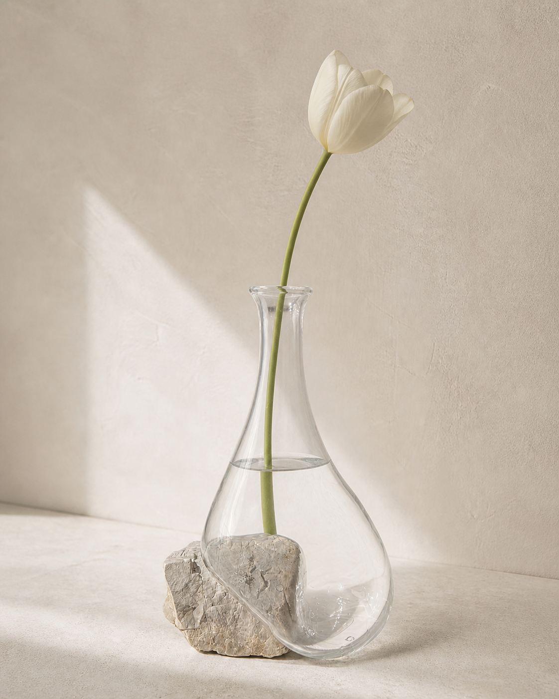 Stoneveil No. 002 clear glass and pale stone vase styled with one ivory tulip