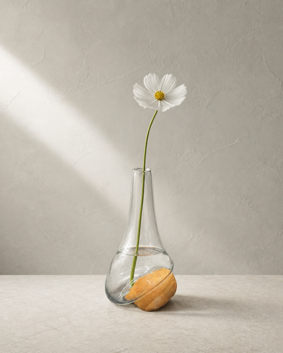 Stoneveil No. 001 one-of-one glass and ochre stone vase styled with a white cosmos