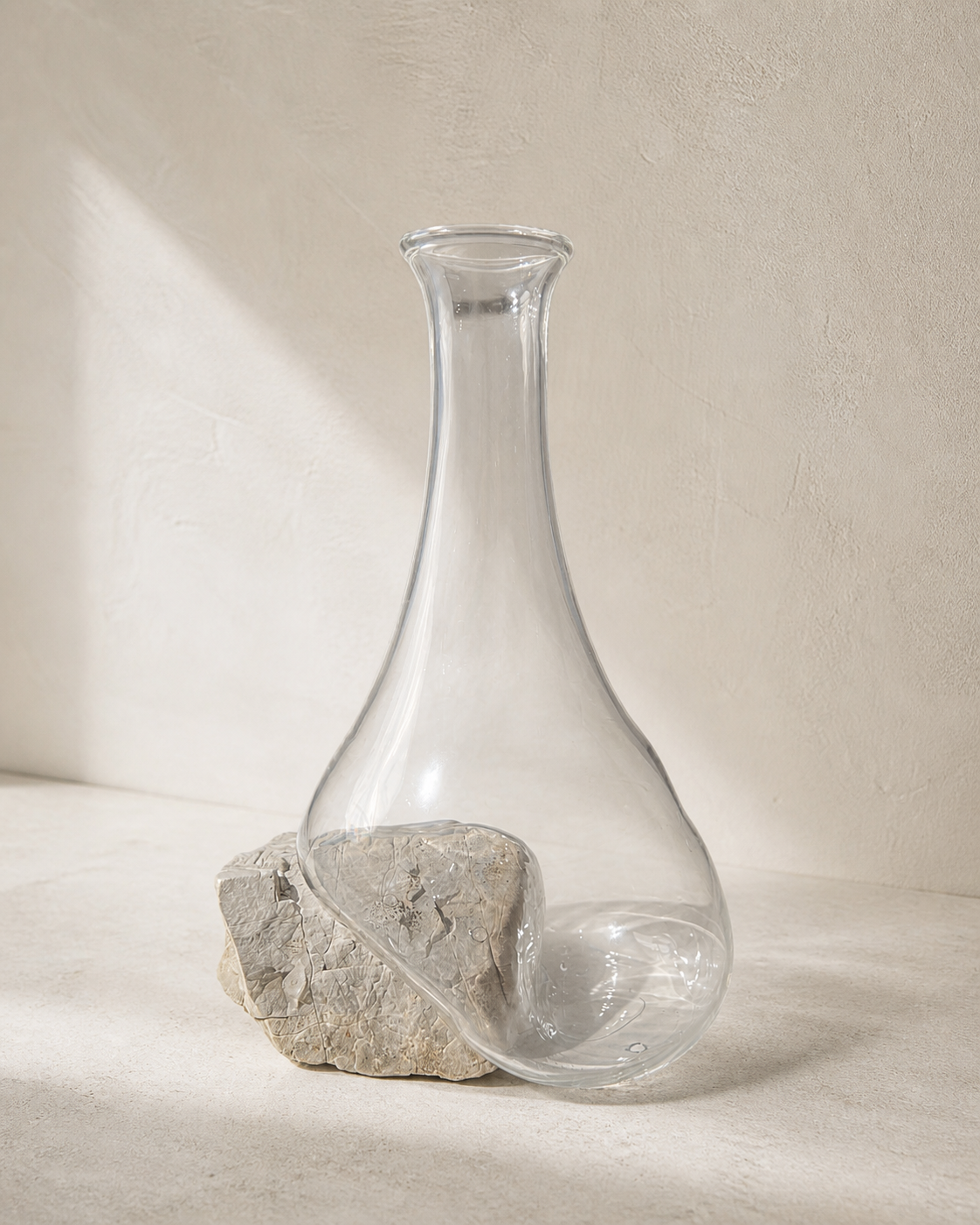 Stoneveil No. 002 sculptural clear glass vase displayed empty on warm ivory