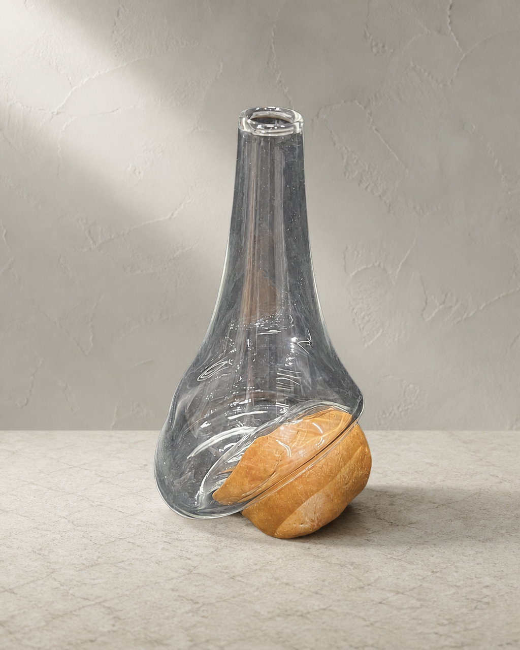 Stoneveil No. 001 sculptural clear glass and ochre stone vase displayed empty
