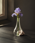 Stoneveil No. 006 clear glass and mauve stone bud vase styled with a lavender iris