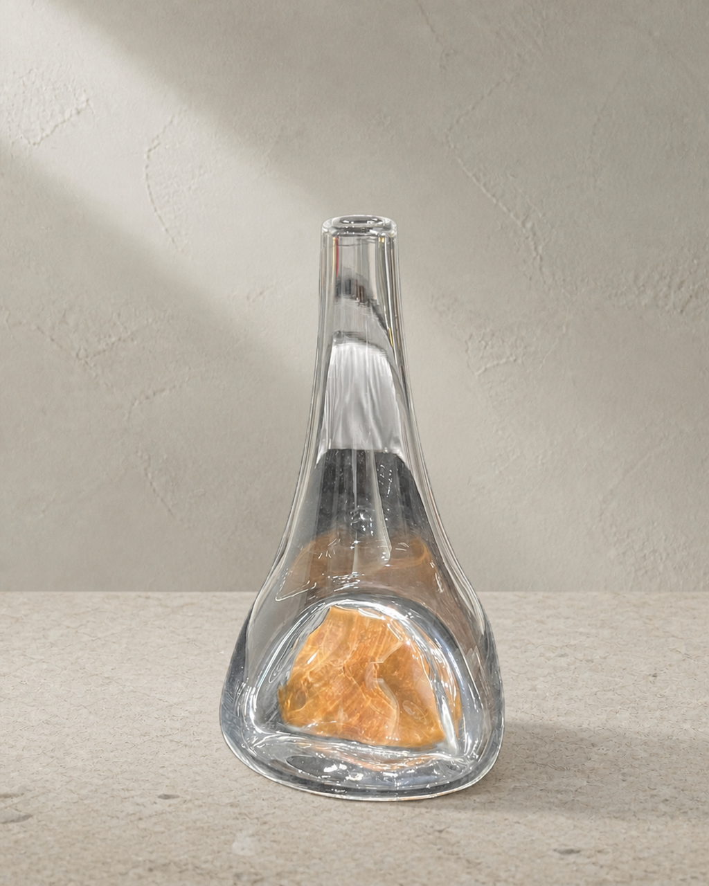 Reverse three-quarter view of Stoneveil No. 001 glass and ochre stone composition