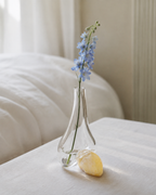 Stoneveil No. 005 clear glass and ivory stone vase with a pale blue delphinium