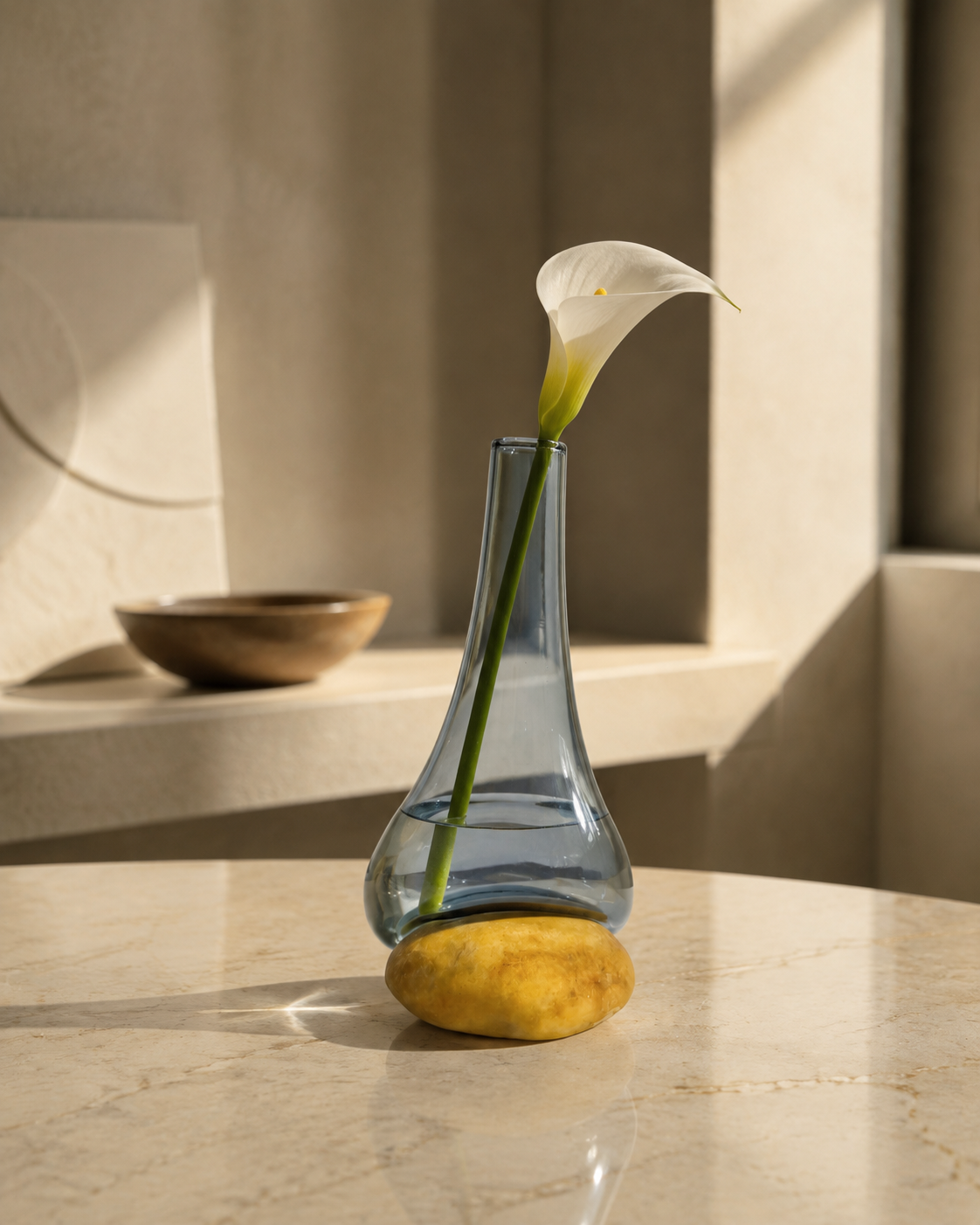 Stoneveil No. 003 smoke-blue glass vase styled with a single white calla lily