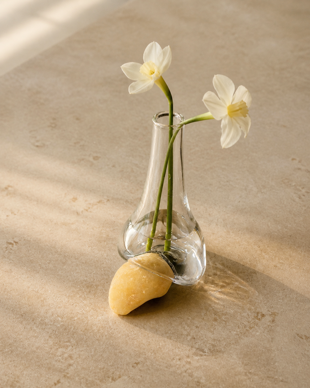 Stoneveil No. 005 one-of-one bud vase styled with white narcissus on a stone kitchen island