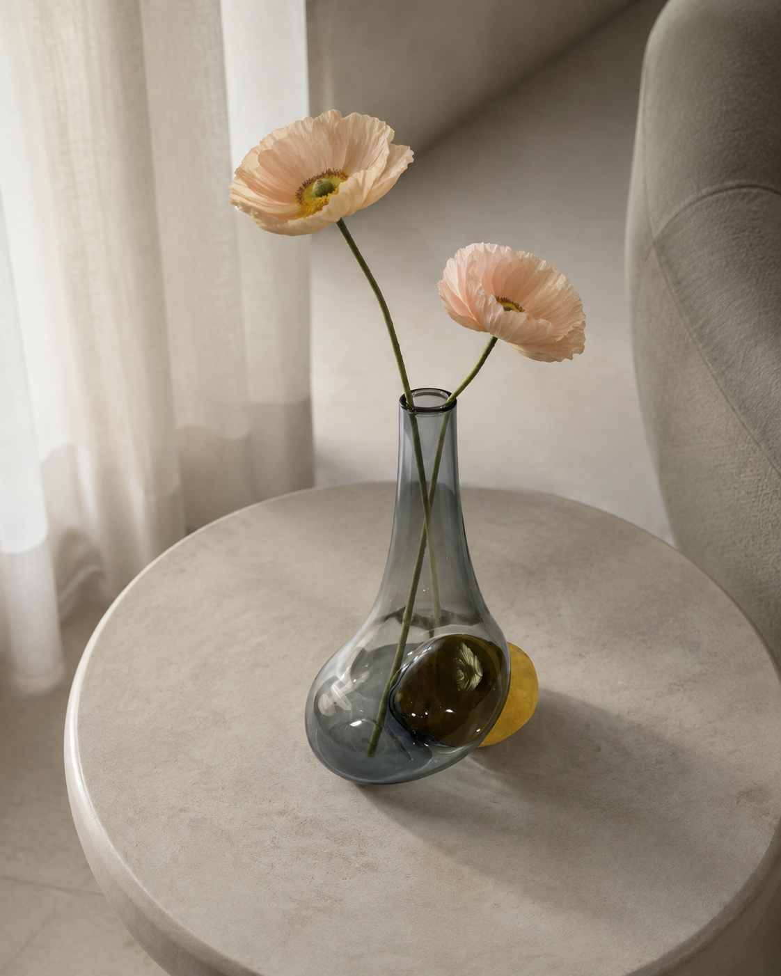 Stoneveil No. 003 one-of-one bud vase styled with blush anemones in a quiet reading nook